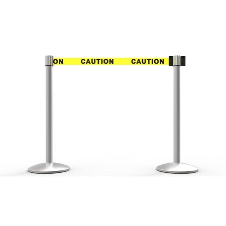 BANNER STAKES QLine Retractable Belt Barrier X2, Matte Post, Yellow "Caution", 2PK AL6201M